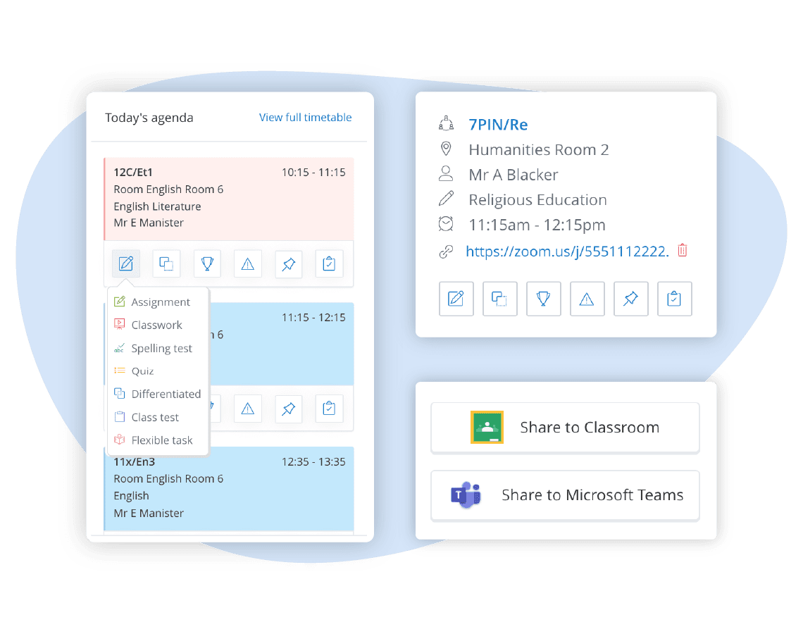 Images of various aspects of the Satchel One software including Google Classroom and Microsoft Teams integrations