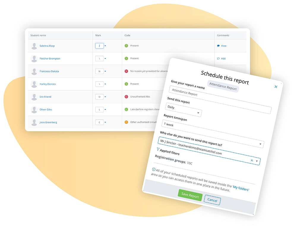 Image of Satchel One's Attendance app showcasing the Attendance Report and SIMS sync