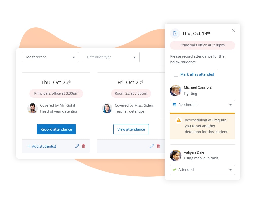 Detentions scheduling and attendance in Behaviour Management Suite