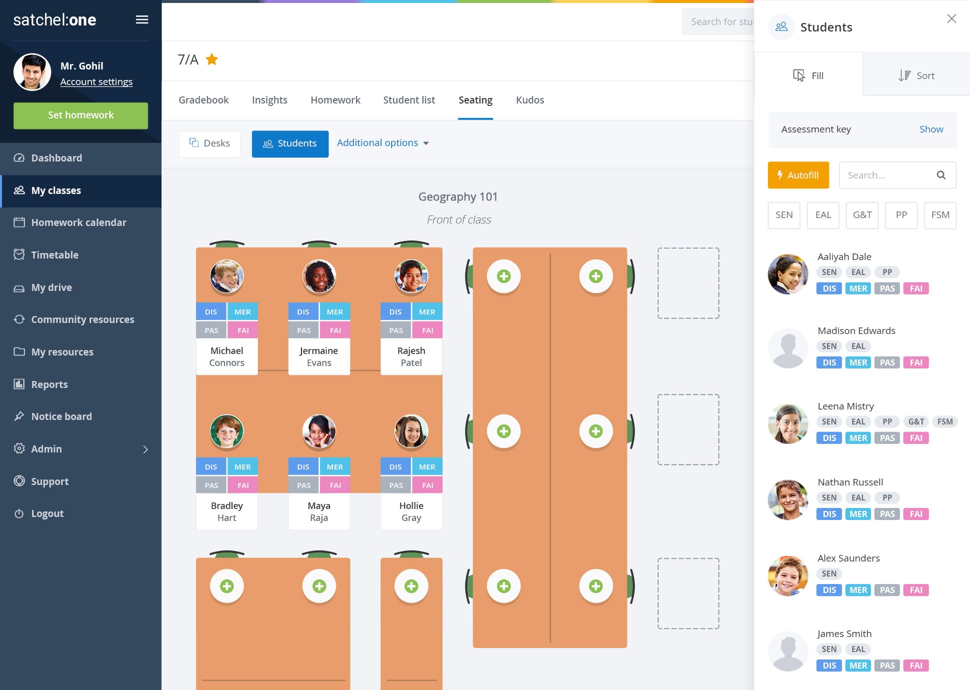 Seating software showing seating plans, inclusion and assessment data from Satchel One.