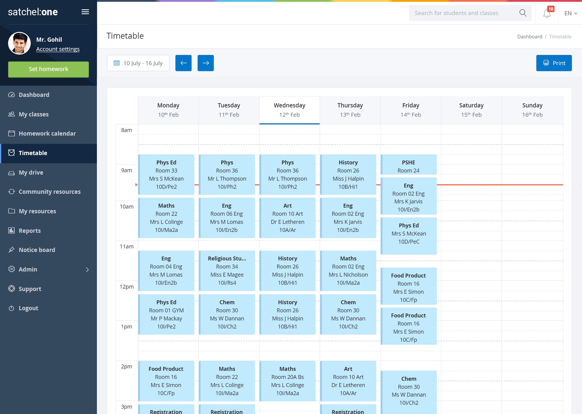 Timetables software showing student and teacher timetables from Satchel One.