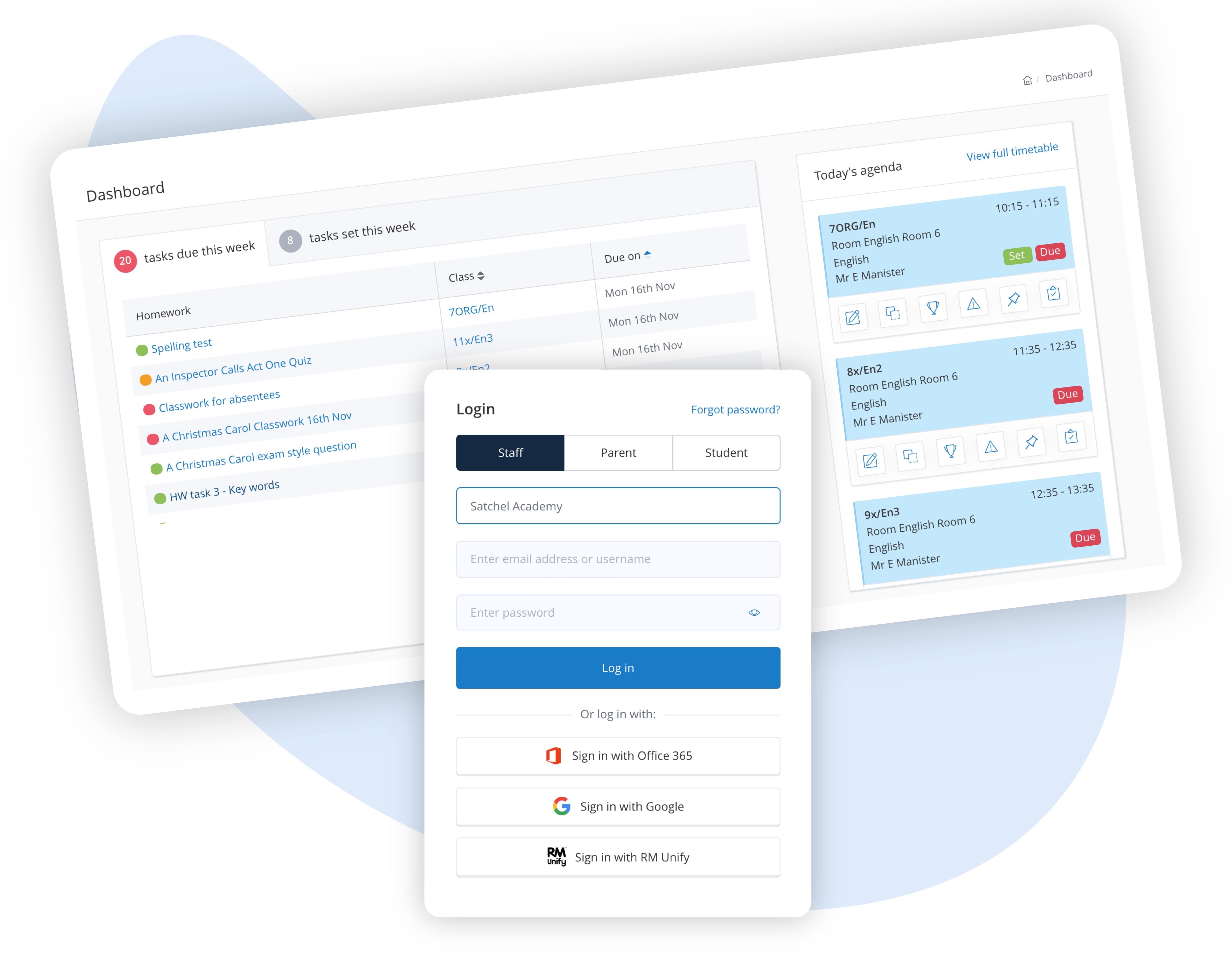 Image displaying the SSO functionality in Satchel One and the Timetables software.