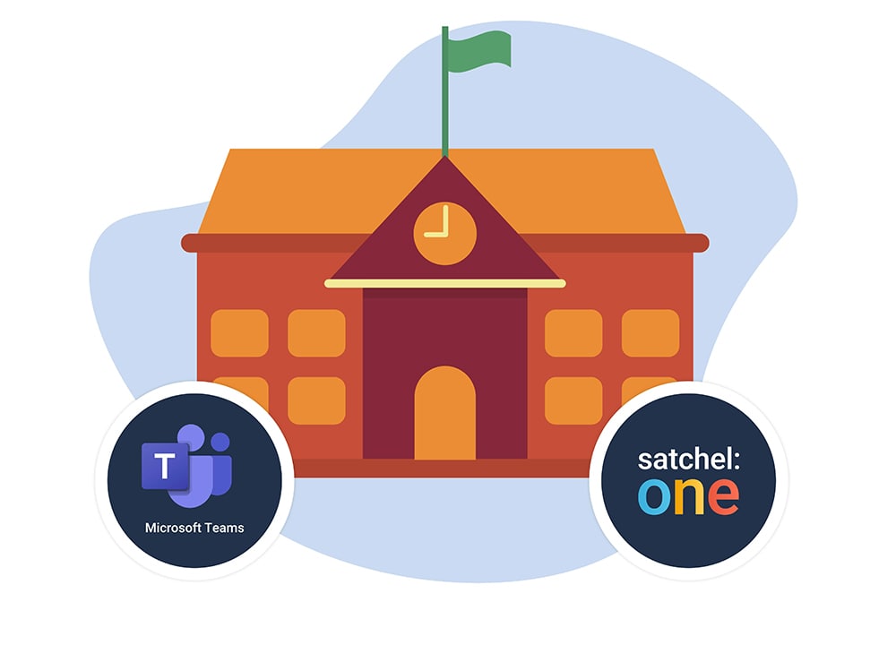 Image of a school and the Satchel One and Microsoft Teams logos