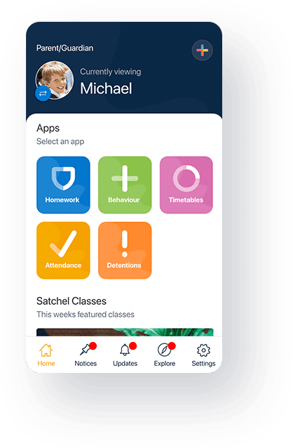 New Satchel One parent menu page showing apps